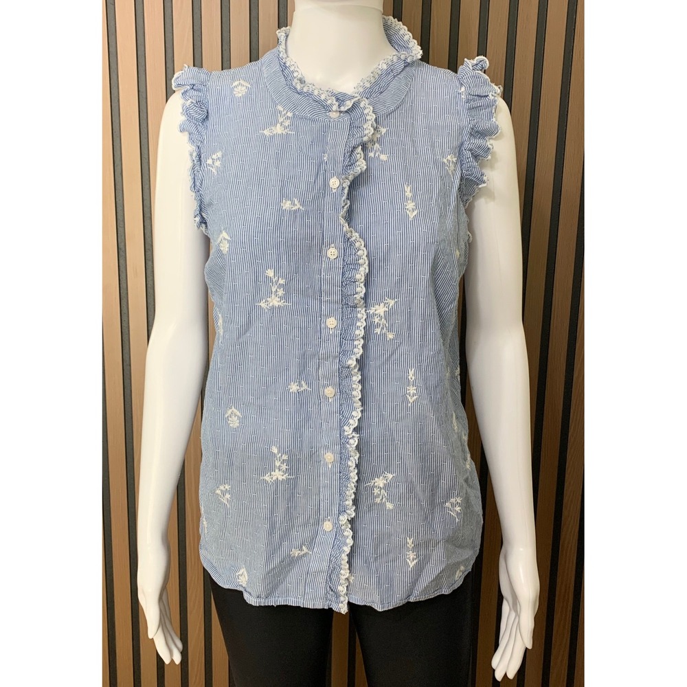 Talbots Petite Blue White Striped Floral Embroidered Ruffle Shell Top MP